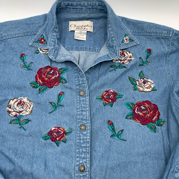 Vtg Christopher & Banks Denim Medium Button Up Embroidered Shirt Floral Roses - Picture 5 of 13